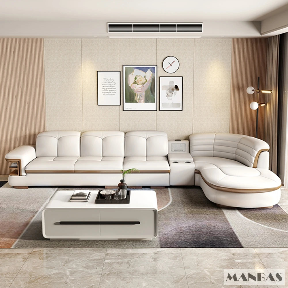 Luxury L-Shaped Genuine Leather Sectional Sofa Sets with USB, Bluetooth Speaker