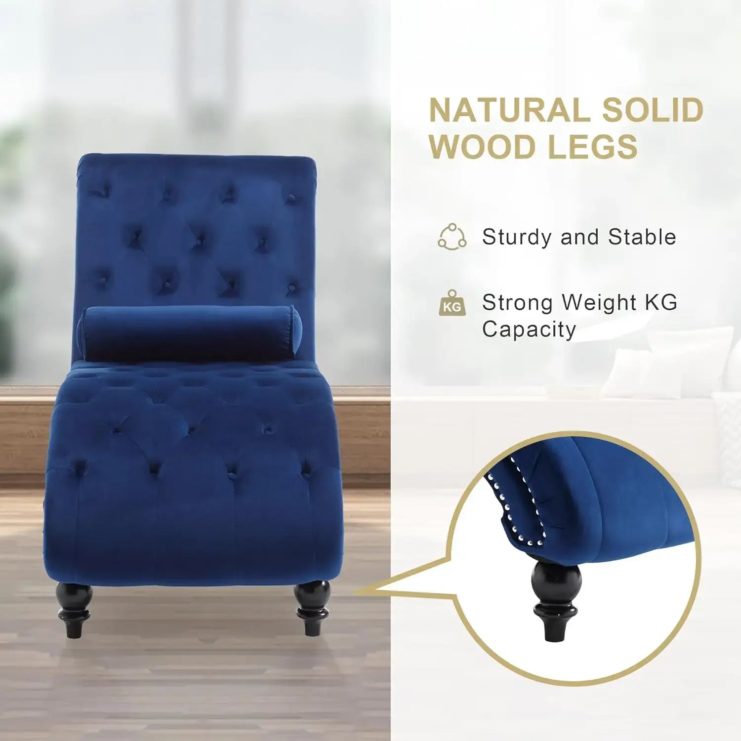 Velvet Chaise Lounge Indoor,Button-Tufted Upholstered Chaise Lounge Chair with Pillow for Bedroom Living Room, Customized showing natural solid wood legs