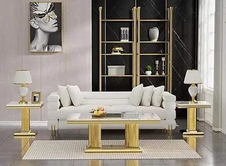 Modern living room with white sofa, gold coffee table, and decorative elements.