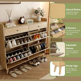 Rattan Shoe Cabinet with natural rattan finish, 2 drawers, adjustable shelves, and sturdy legs for a stylish storage solution.