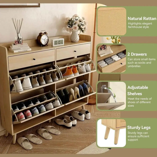 Rattan Shoe Cabinet with natural rattan finish, 2 drawers, adjustable shelves, and sturdy legs for a stylish storage solution.