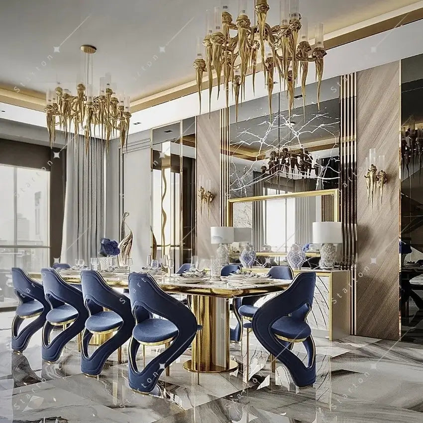 High End Modern Luxury Dining Table Marble Top Golden Stainless Steel Dinning Table Set for Kitchen Hotel Villa in elegant dining room
