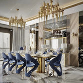 High End Modern Luxury Dining Table Marble Top Golden Stainless Steel Dinning Table Set for Kitchen Hotel Villa in elegant dining room