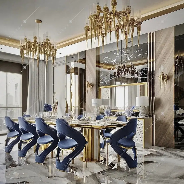 High End Modern Luxury Dining Table Marble Top Golden Stainless Steel Dinning Table Set for Kitchen Hotel Villa in elegant dining room