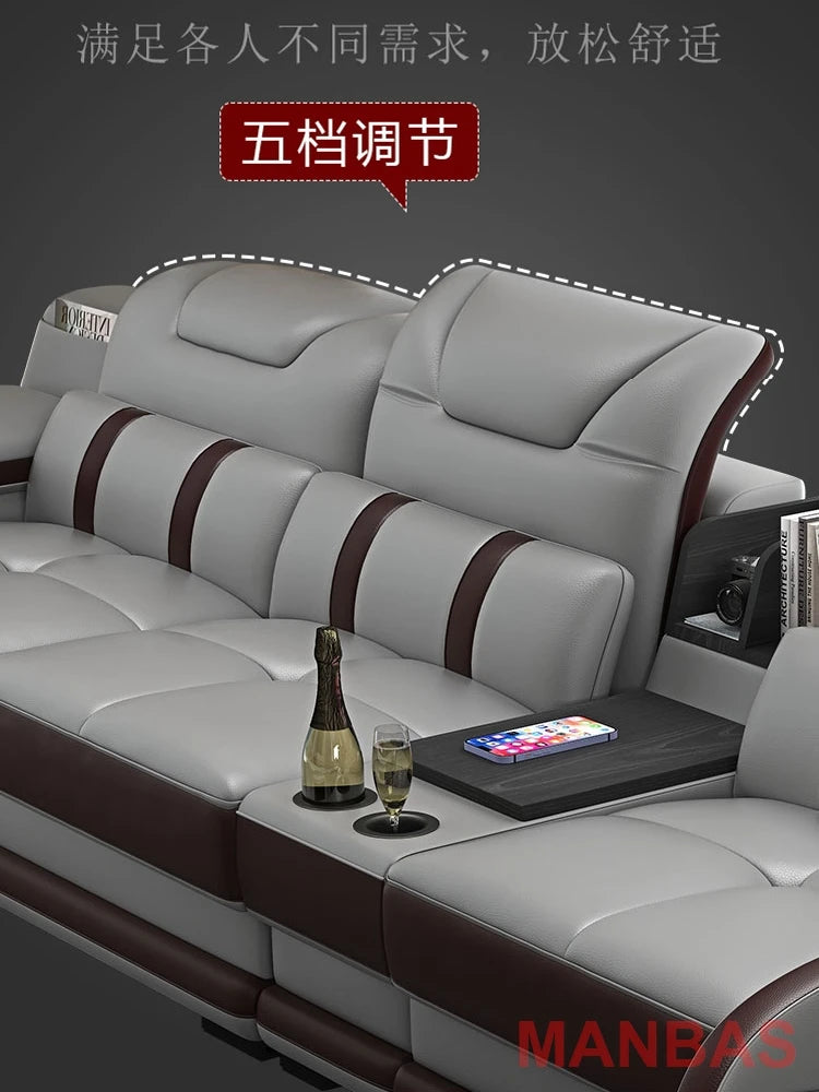 MANBAS Italian Genuine Leather Sectional Massage Sofa with Bluetooth, Speaker, Functional Headrest