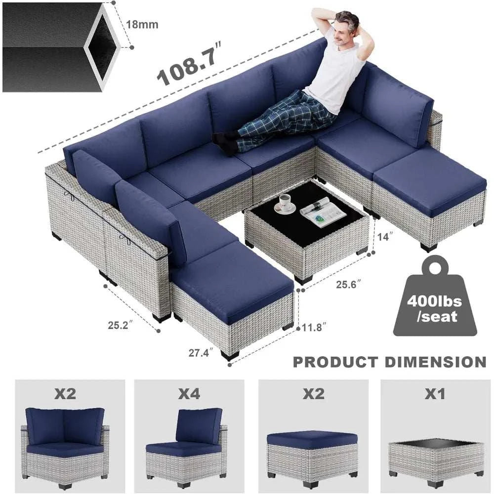 Outdoor sectional sofa set with blue cushions and dimensions displayed.