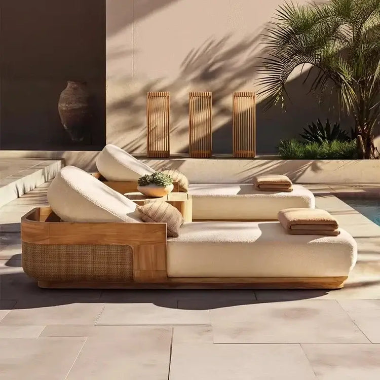 Solid Teak Wood Outdoor Sun Lounger Chaise with plush cushions by poolside in a stylish outdoor setting.