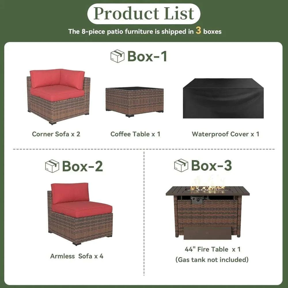 8-piece patio furniture set with packaging boxes on a green background