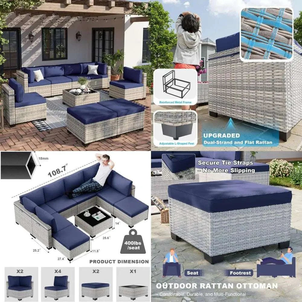 9-piece outdoor patio furniture set with modular sectional sofa, matching ottomans, and blue cushions on woven rattan frame