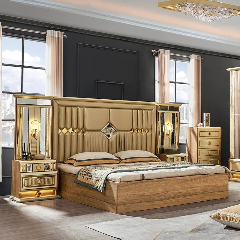 A Luxury Gold Royal Wood King Size Bed Set Villa Master Room Modern Wooden Full Queen Mdf Home Furniture Bedroom Sets - view 3