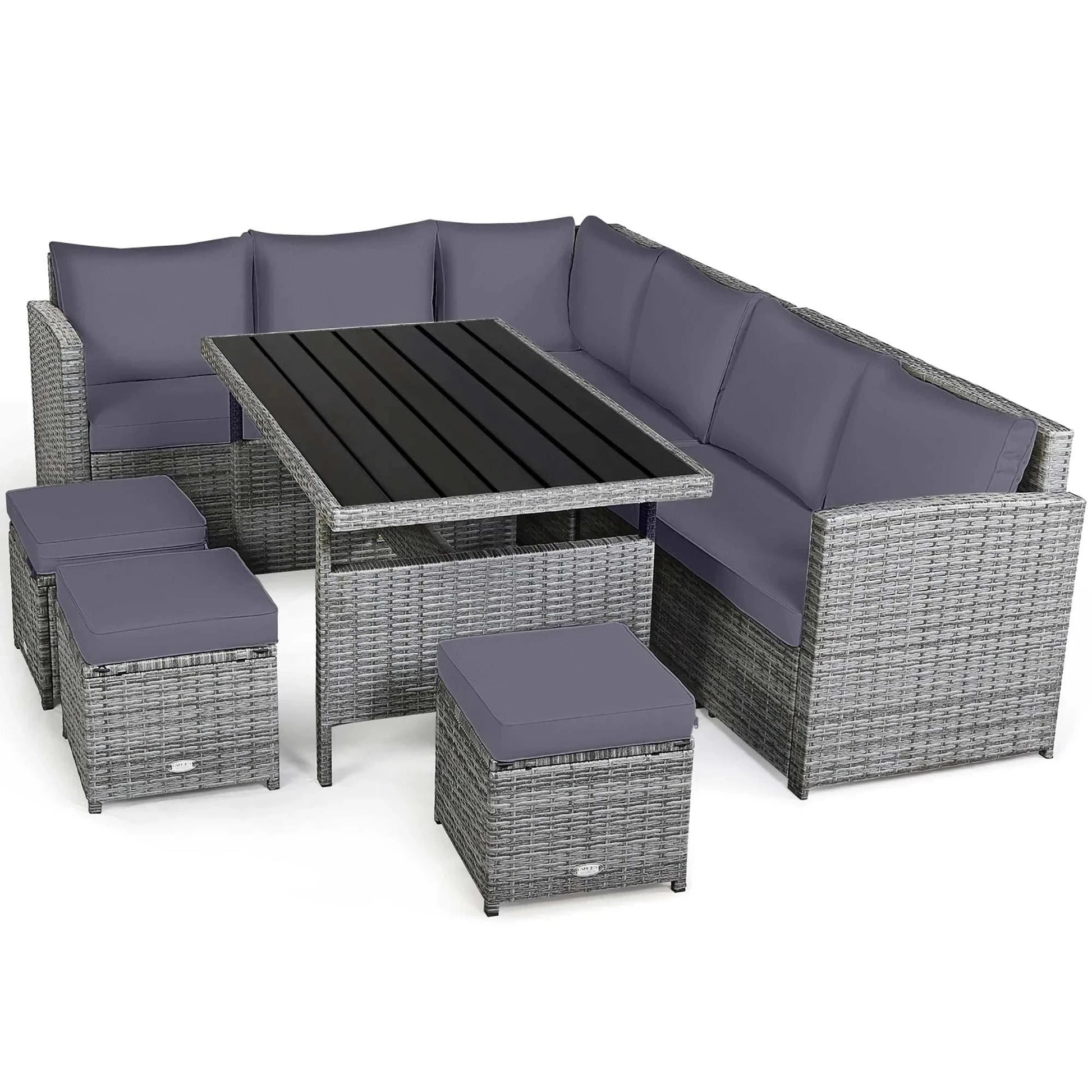 7 PCS Patio Rattan Dining Set with grey cushions and modular sectional design