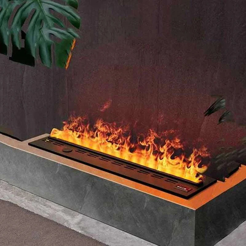 Modern electric fireplace with flames on a dark background