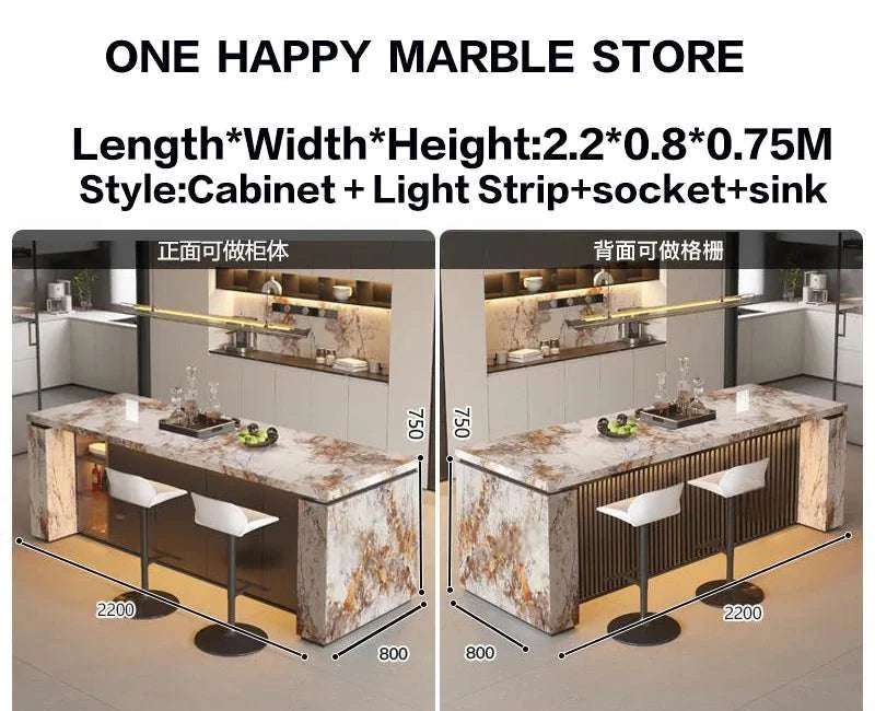 Marble kitchen counter with dimensions and product details on a white background