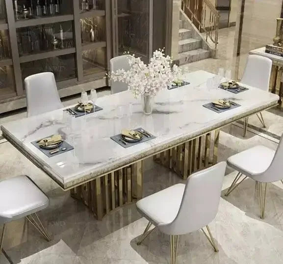Linlamlim Luxury Marble Dining Table Set with Gold Stainless Steel Frame, Dining Room Table with Sea Shell and High-Back Chairs - view 18