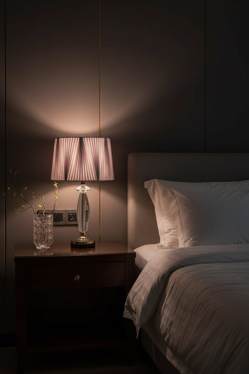 Luxury LED bedside lamp with fabric shade, a high-end crystal table lamp with fabric shade illuminating a modern bedroom.