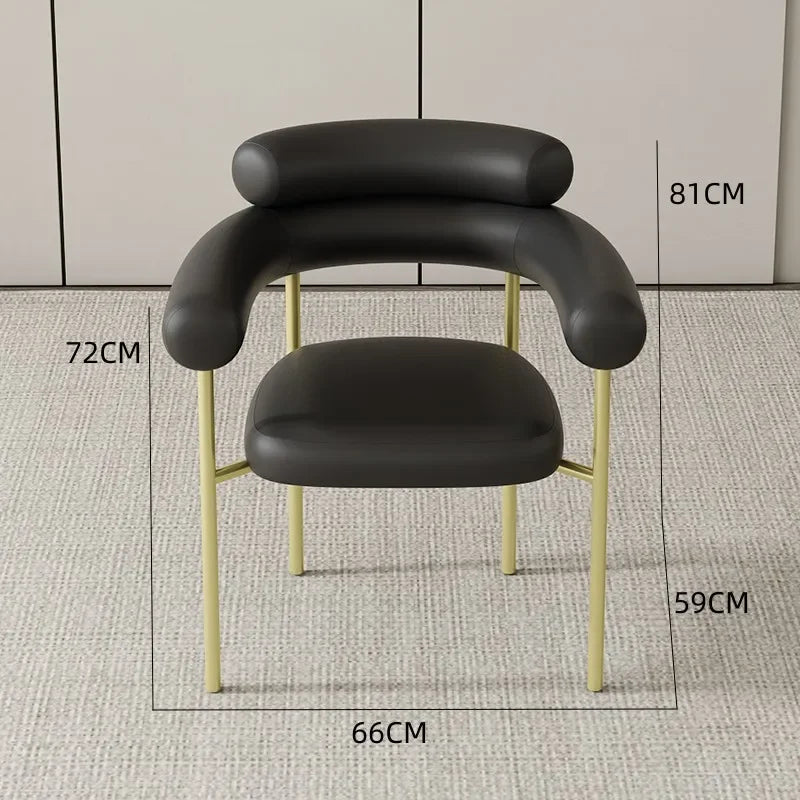 Black chair with gold legs and dimensions labeled on a neutral background