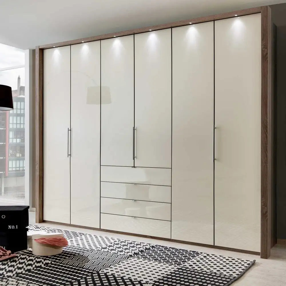 Large wardrobe with glass panels in a room with a rug and window.