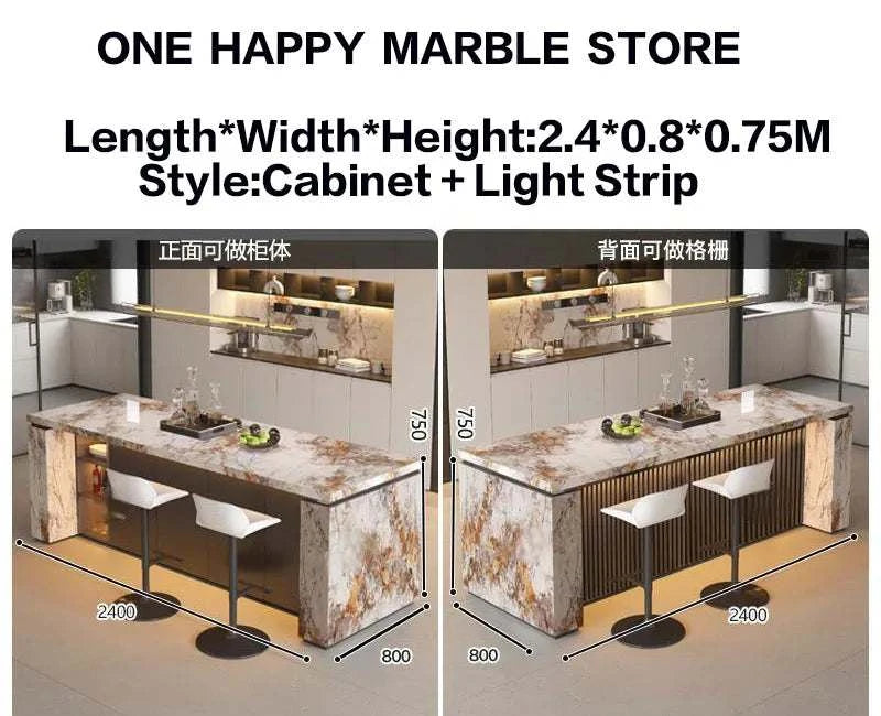 Marble countertop with cabinet and light strip design, showing dimensions and layout.