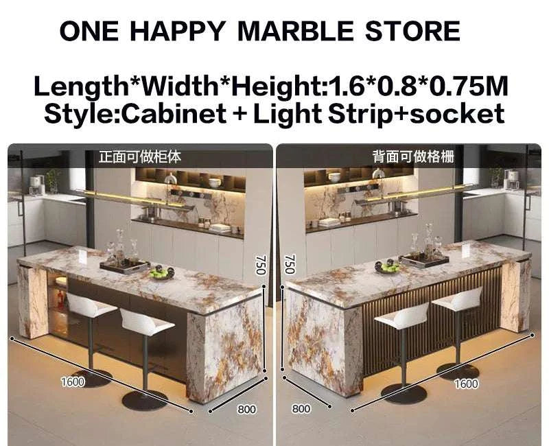 Marble countertop with cabinet, light strip, and socket dimensions displayed.