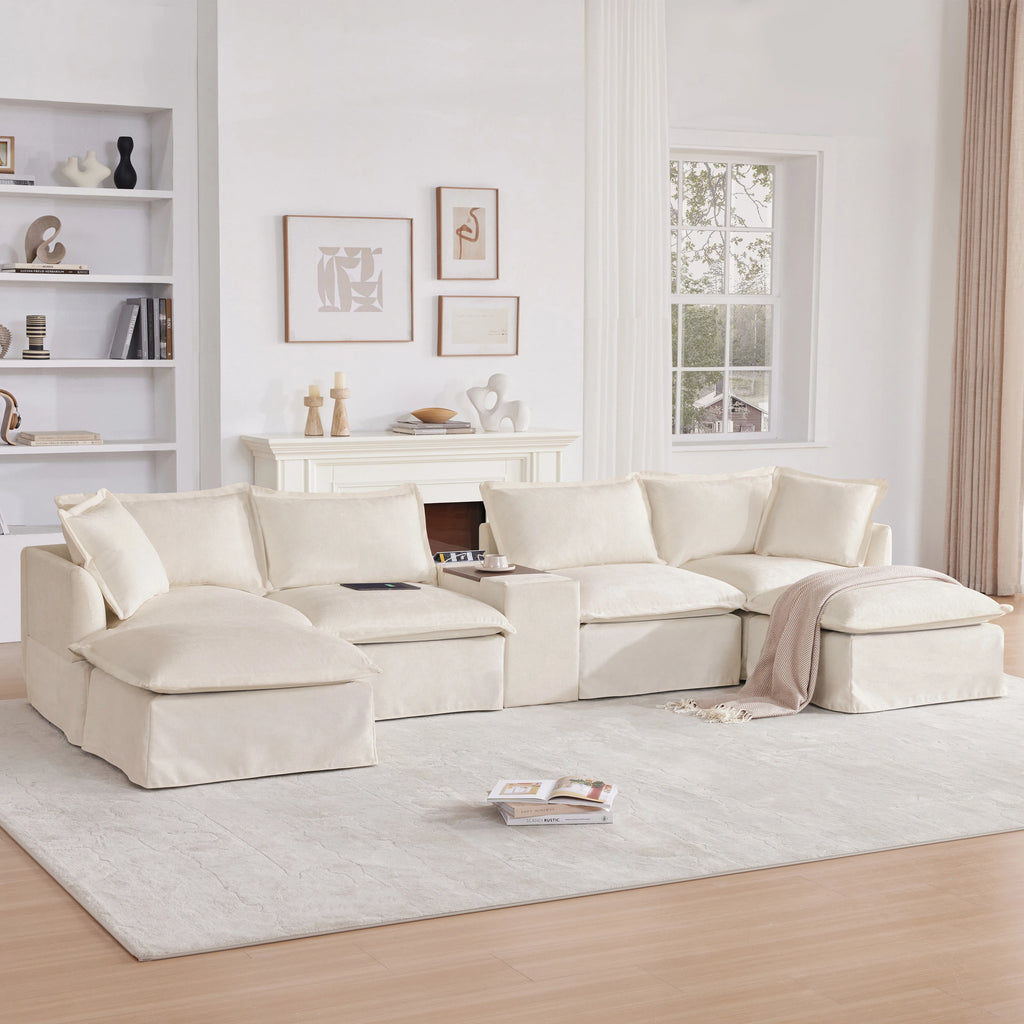 Modular Sectional Sofa with Movable Ottoman and Console,Cup Holder,Wide Seat,6 Seat U Shaped Couch,Oversized Chenille Sofa