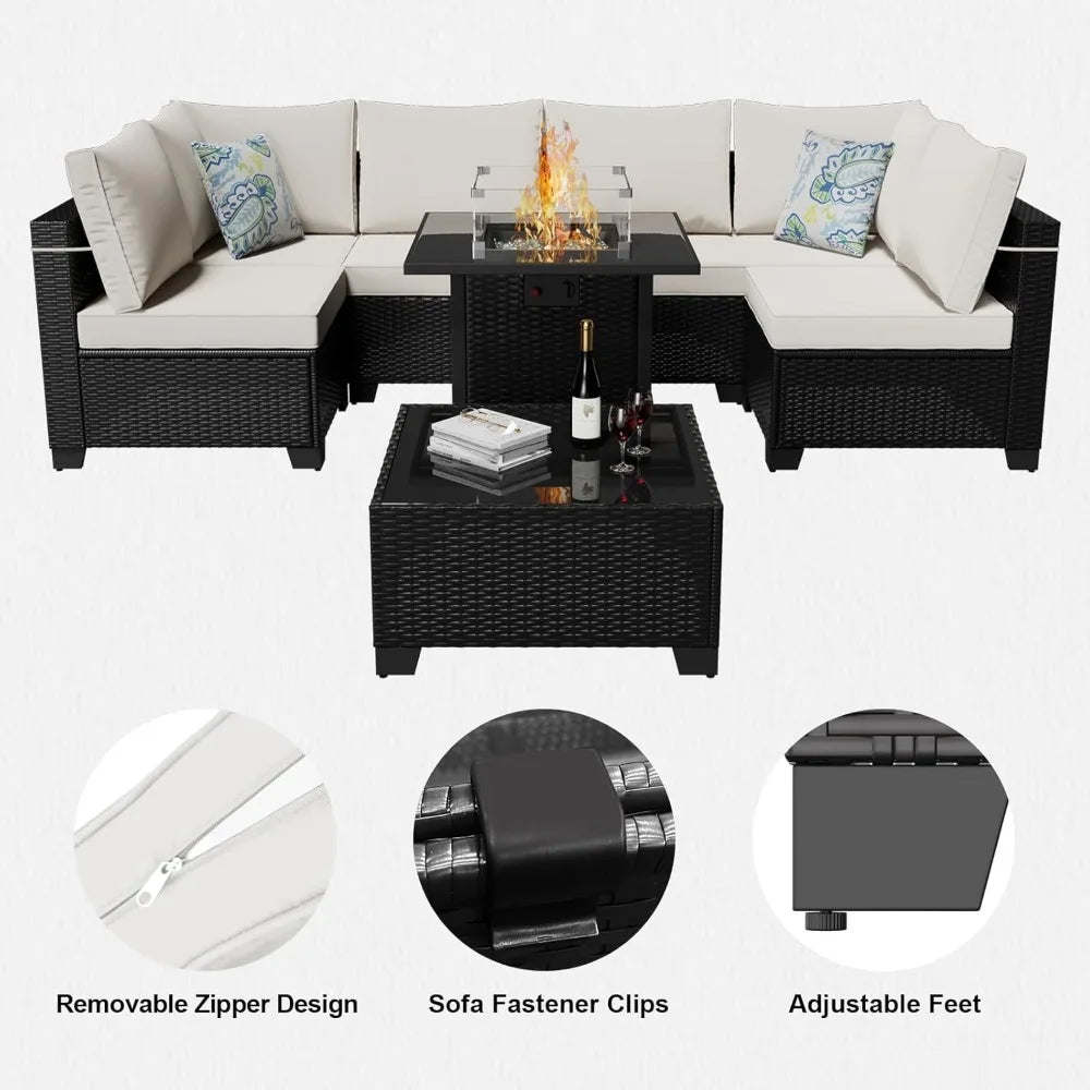 8 Pcs Patio Furniture Set with Fire Pit Table
