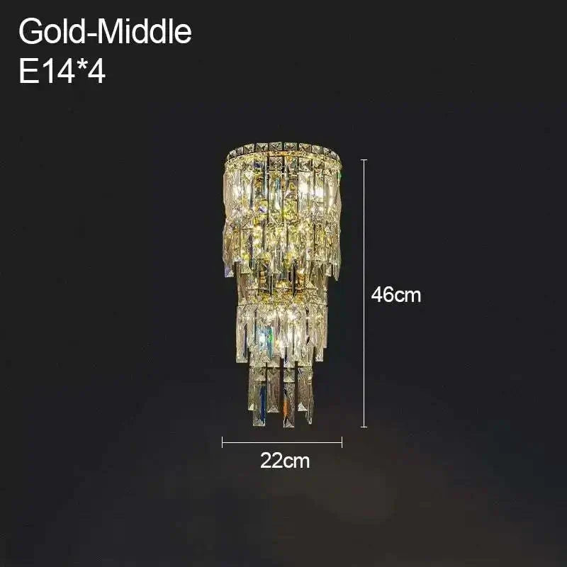 gold and crystal wall lamp with cascading crystals measuring 46cm high and 22cm wide for elegant lighting
