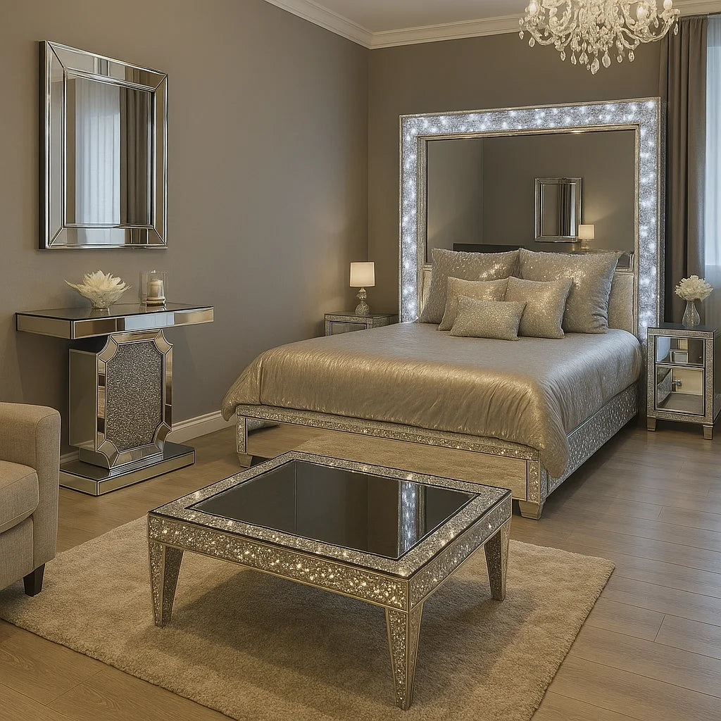 A luxury bedroom featuring a bed dressed in shimmering champagne-colored bedding, a large rectangular mirror with a sparkling silver frame, a matching mirrored side table, and a matching mirrored coffee table on a beige rug.