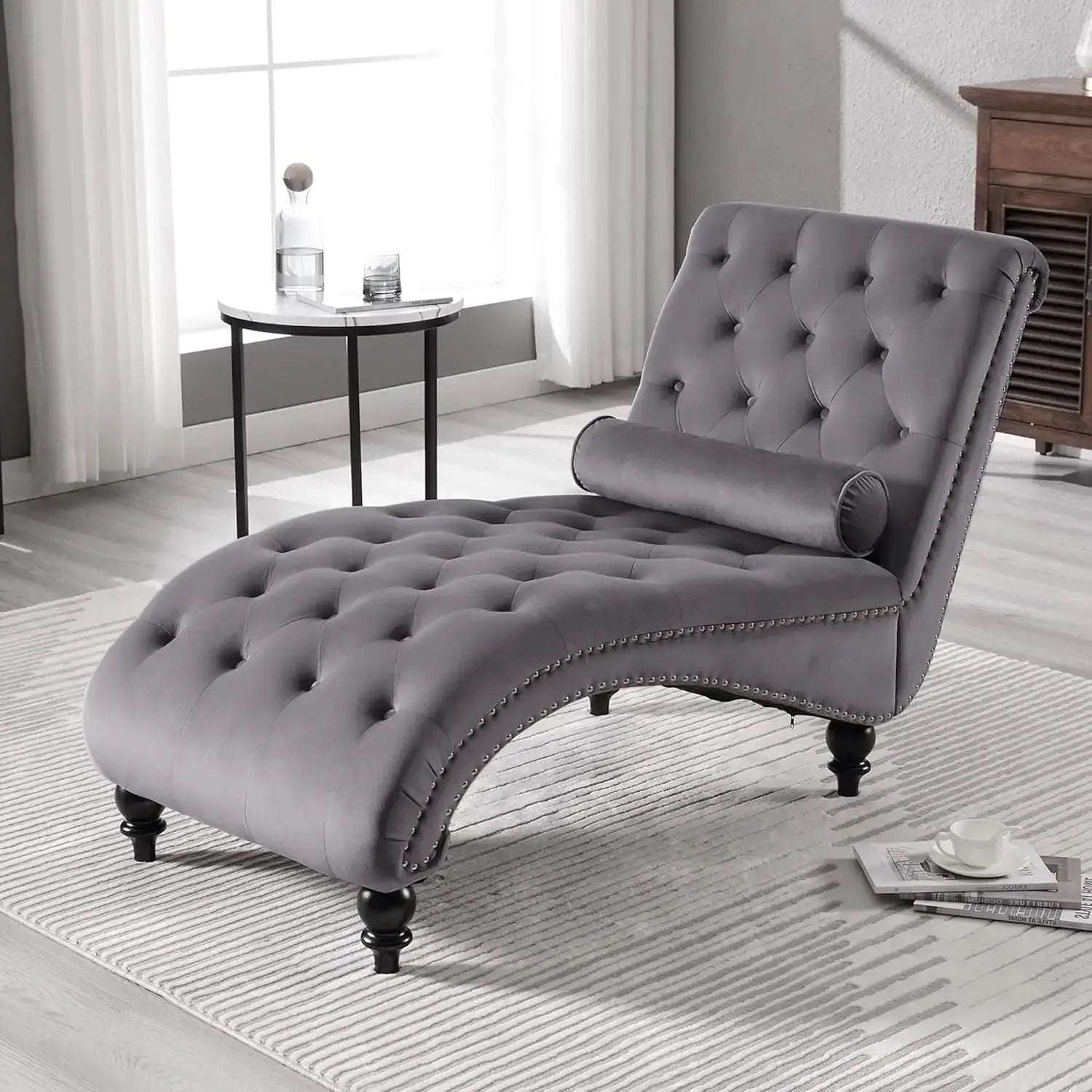 Velvet Chaise Lounge Indoor,Button-Tufted Upholstered Chaise Lounge Chair with Pillow for Bedroom Living Room, Customized.