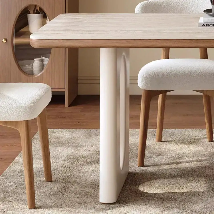 6 person white dining table with modern design and wooden accents, ideal for dining rooms and restaurants.