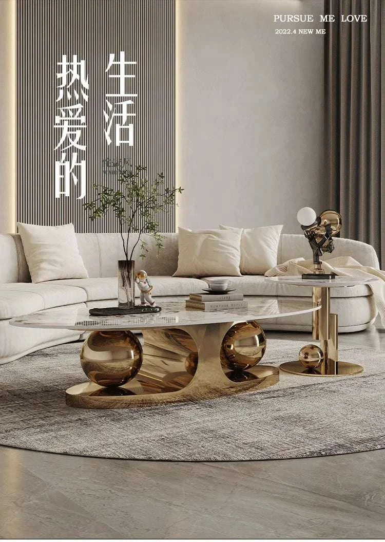Modern living room with a stylish coffee table and decor elements.
