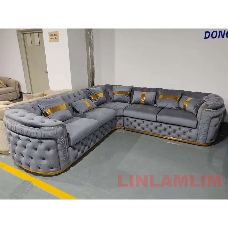 Luxury Chesterfield Sectional Sofa Set with Cloth Buttons and Fabric Modular Couch with Gold Stainless Steel Base, 3-seater Sofa