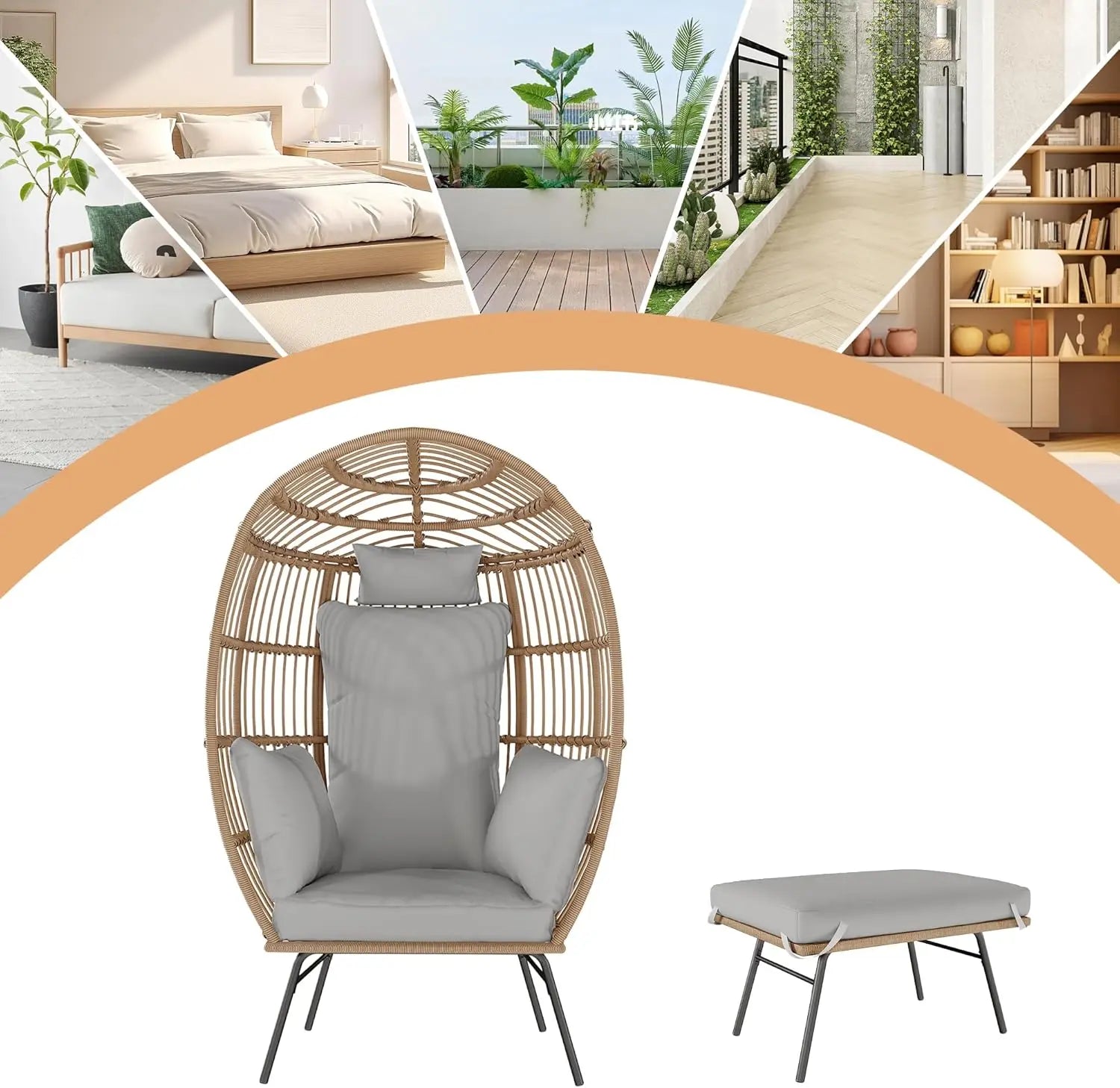 Wicker chair with gray cushions and matching ottoman on a white background, surrounded by lifestyle images of a bedroom, balcony, and bookshelf.