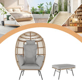 Wicker chair with gray cushions and matching ottoman on a white background, surrounded by lifestyle images of a bedroom, balcony, and bookshelf.