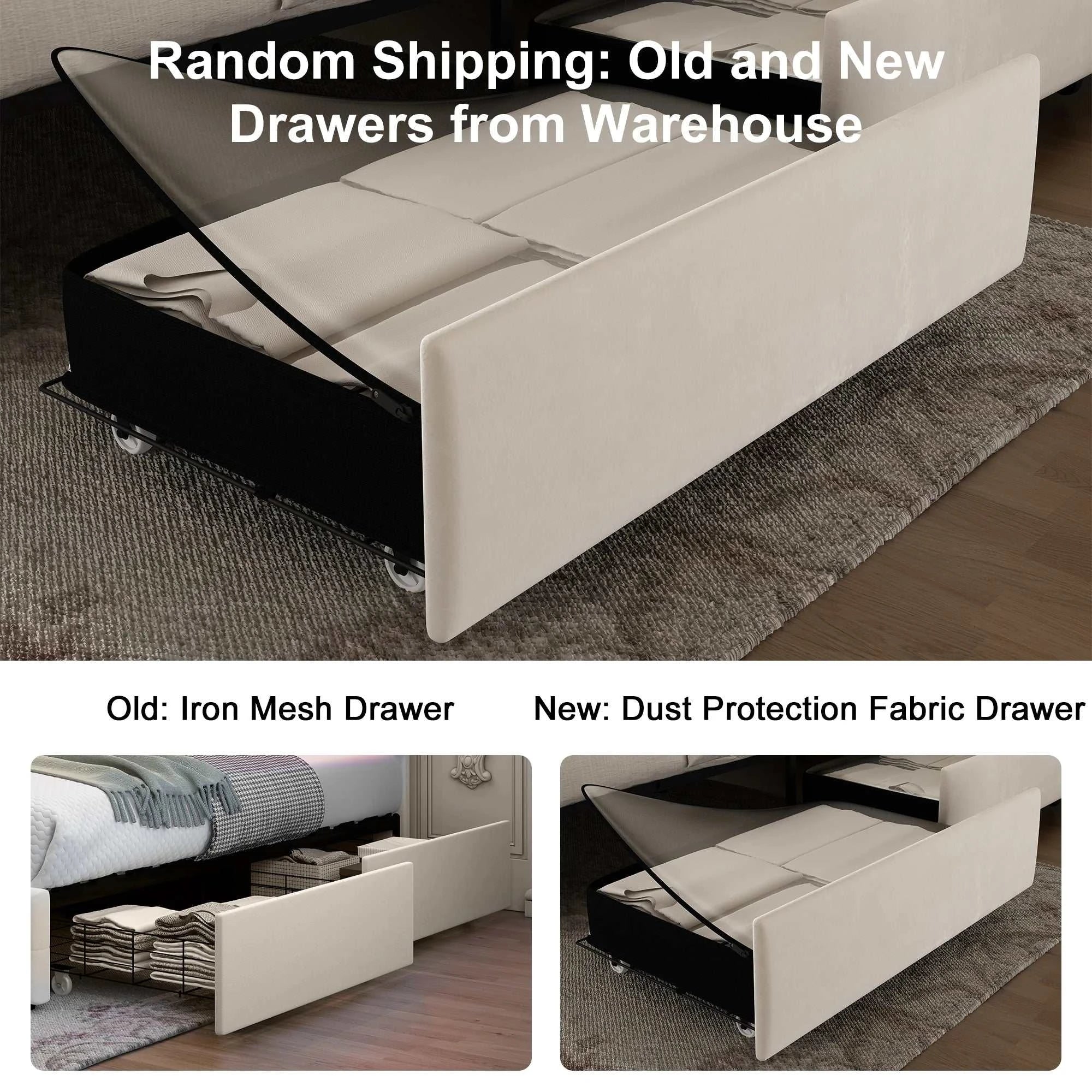 Comparison of old iron mesh drawer and new dust protection fabric drawer in a bedroom setting.