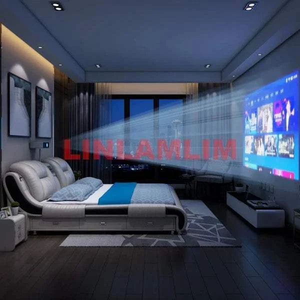 Genuine leather bed with built-in projector and modern bedroom setup at night