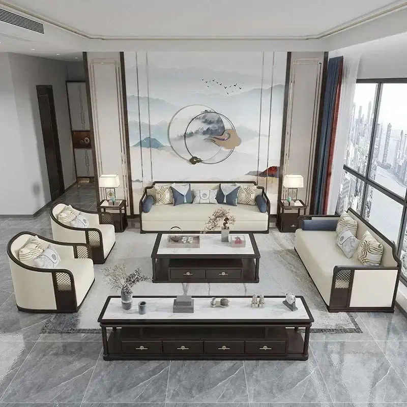 Designer Living Room Set featuring modern design with elegant cream sofas and stylish accent chairs in a spacious setting.