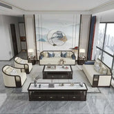 Designer Living Room Set featuring modern design with elegant cream sofas and stylish accent chairs in a spacious setting.