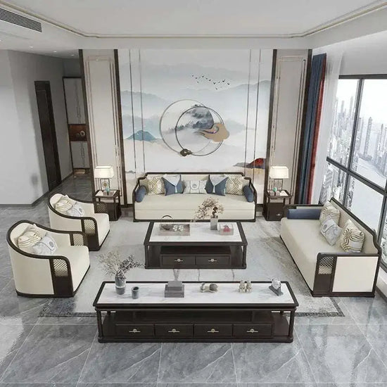 Designer Living Room Set featuring modern design with elegant cream sofas and stylish accent chairs in a spacious setting.