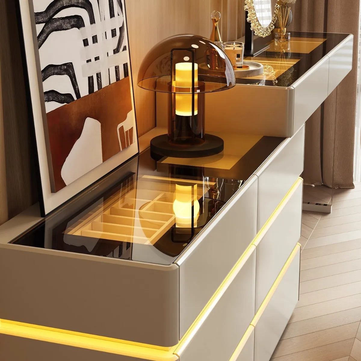 Nordic Solid Wood Dressers Bedroom Modern Dressing Table Drawer Integrated Home Small Apartment Makeup Table with LED Mirror - view 3