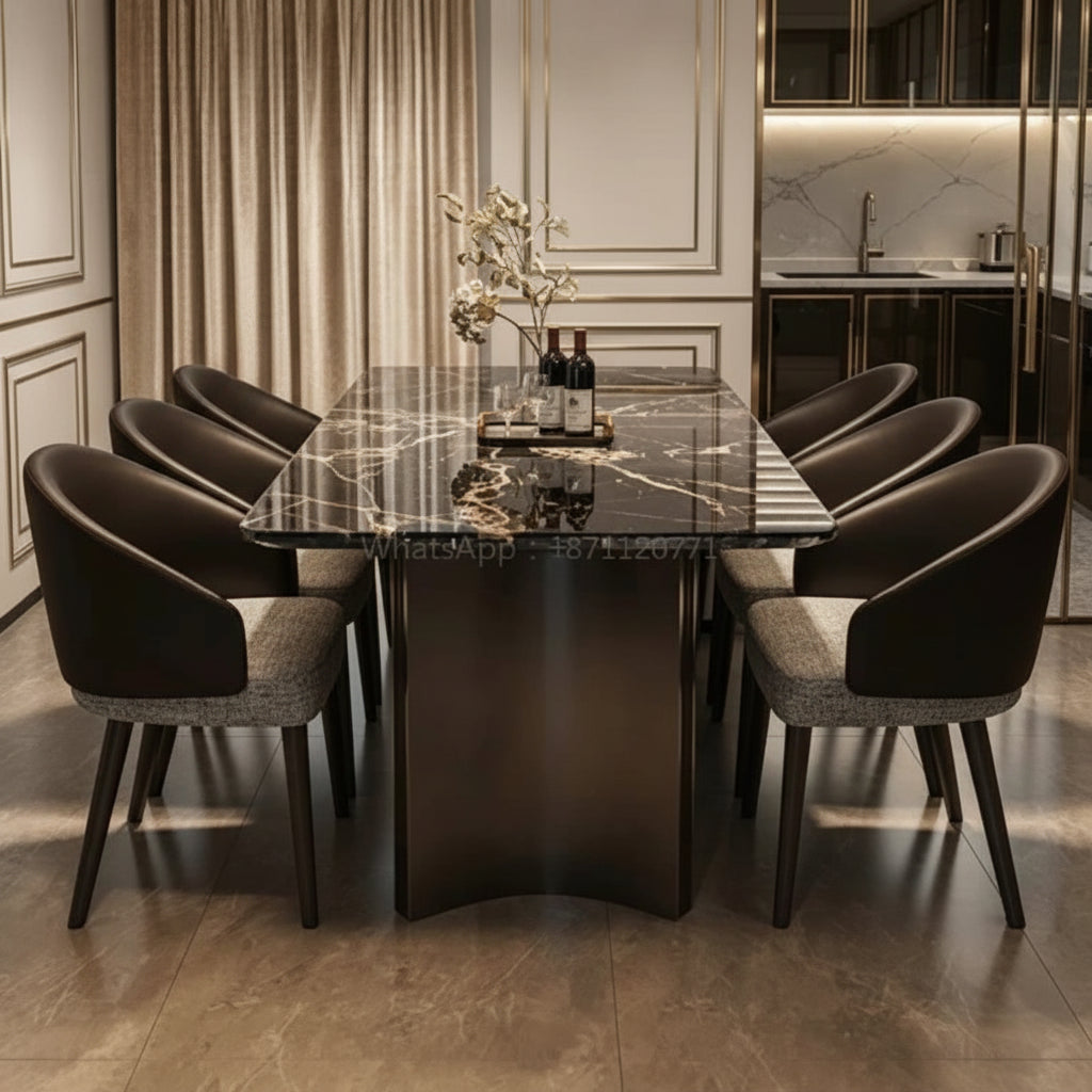 Italian Marble Dining Set featuring a luxury rectangular table and stylish chairs in a modern dining room.