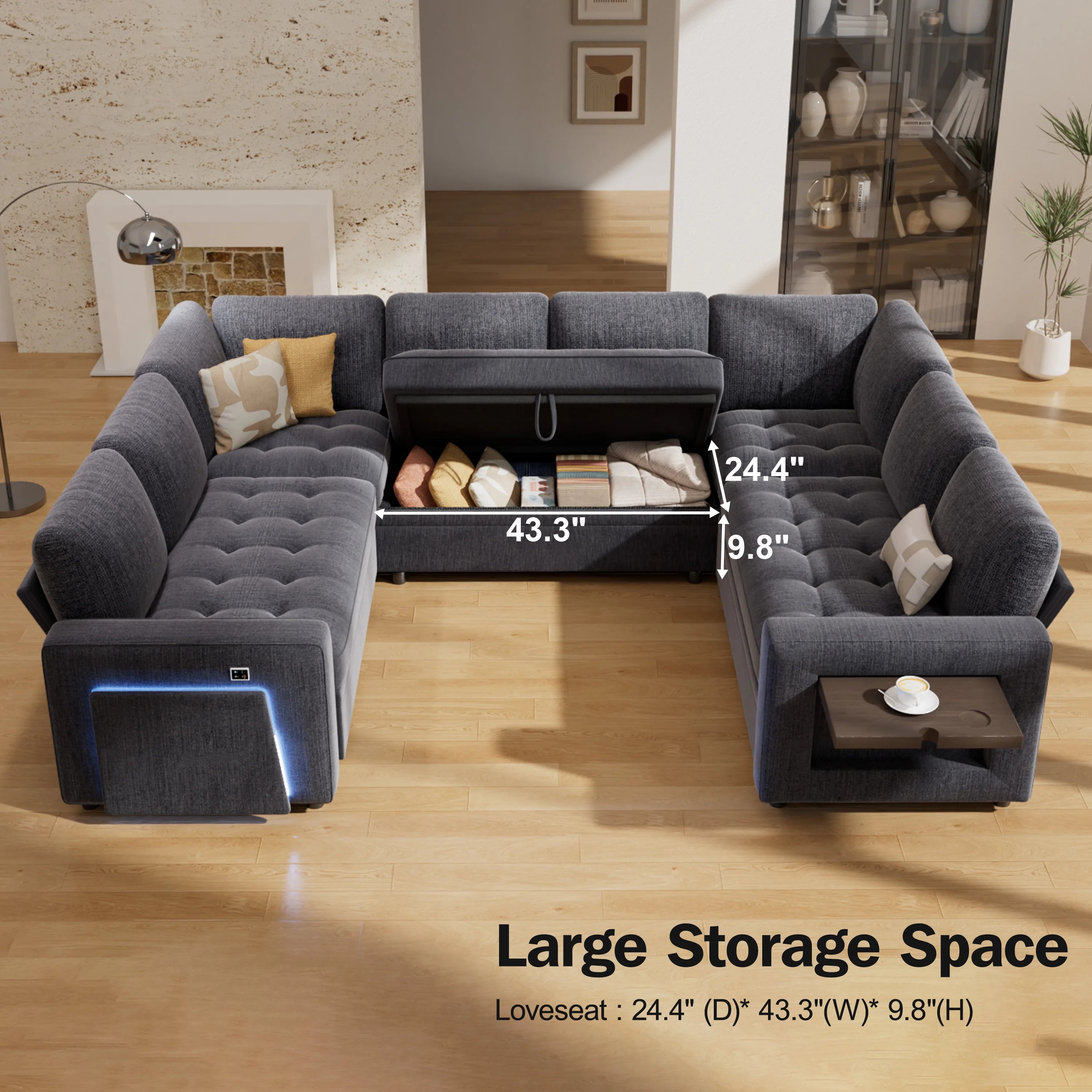 Hcore Large U-Shaped Modular Sectional (8-Seat) - Pull Out Bed Sleeper, Reclining Backrest, USB Ports, LED Light, Storage Seat - view 6