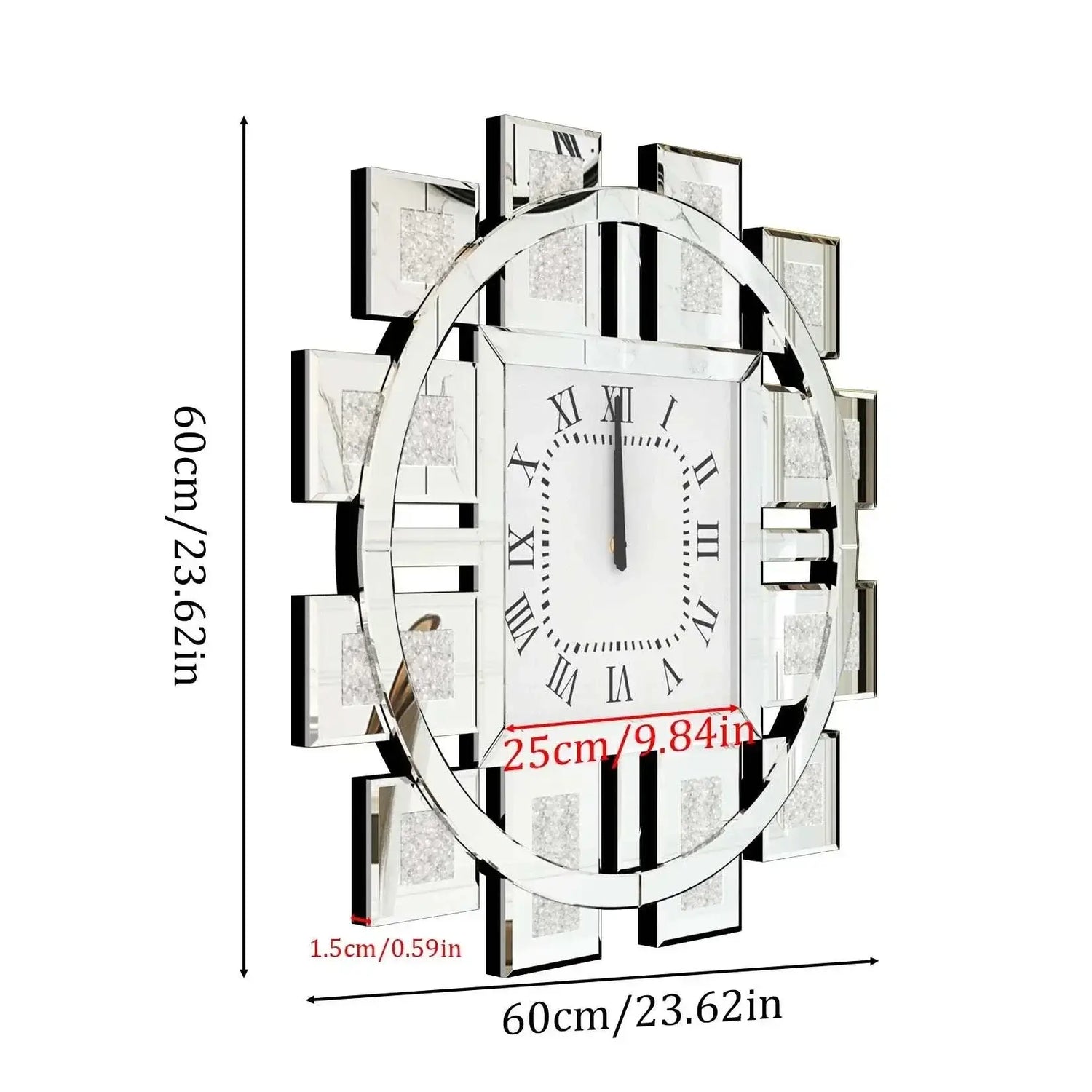 Irregular large crush diamond mirrored wall clock with sparkling crushed diamond accents and reflective frame, 60cm size