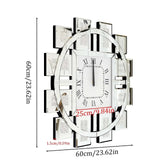 Irregular large crush diamond mirrored wall clock with sparkling crushed diamond accents and reflective frame, 60cm size