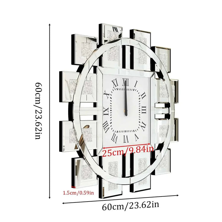 Irregular large crush diamond mirrored wall clock with sparkling crushed diamond accents and reflective frame, 60cm size