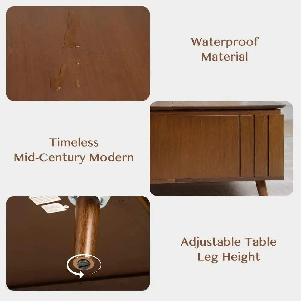 Close-up features of lift top coffee table with storage: waterproof material, mid-century modern design, adjustable leg height.
