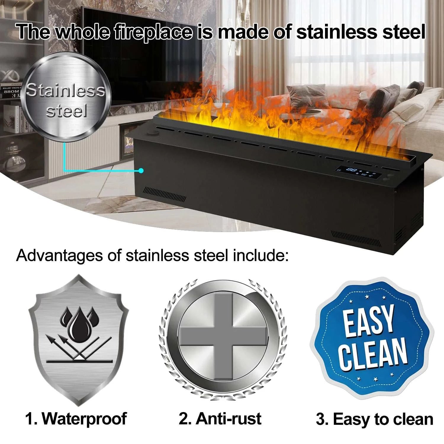 Stainless steel fireplace with flames, surrounded by a living room setting, highlighting its features.