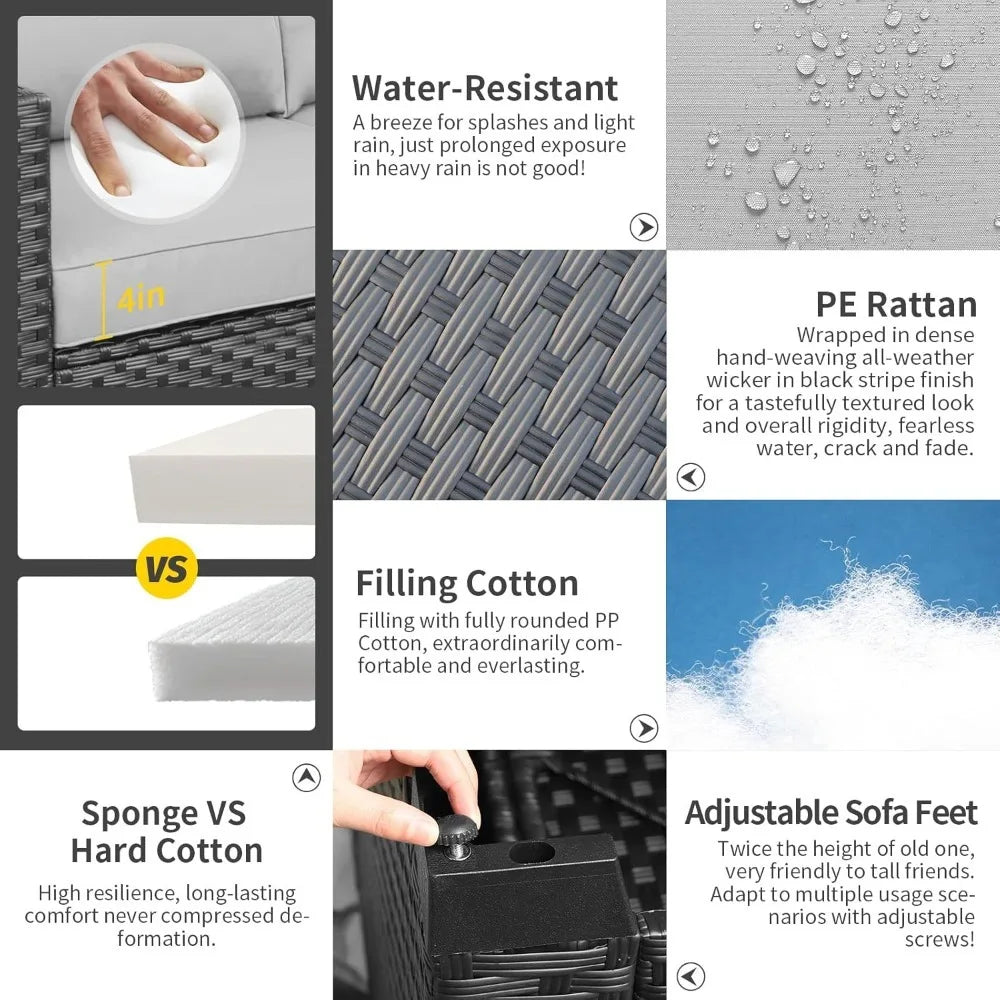 Product feature comparison with text and images on water-resistance, PE rattan, filling cotton, sponge vs hard cotton, and adjustable sofa feet.