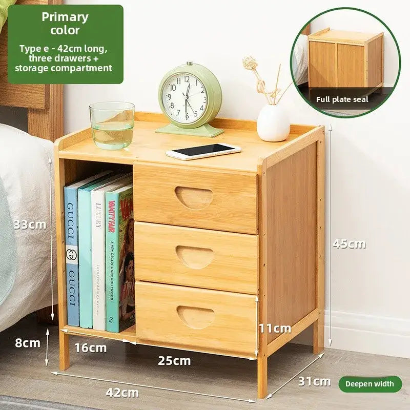 Wooden nightstand with dimensions and product details