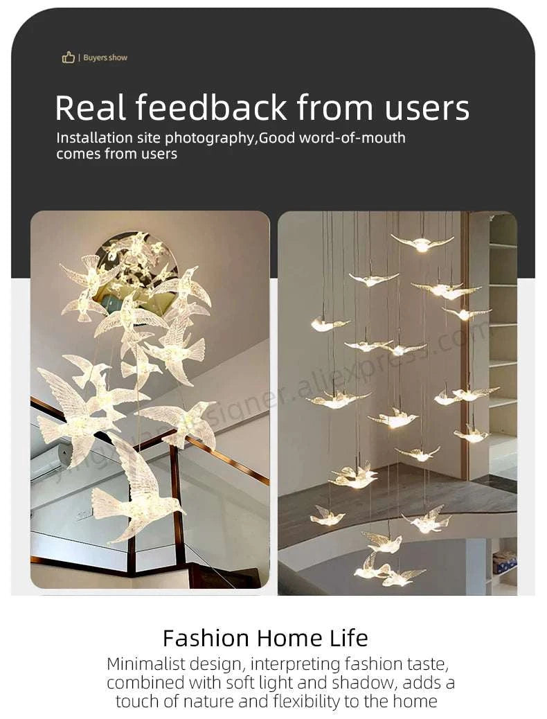 Chandelier with minimalist design in a home setting, featuring text about user feedback and product description.