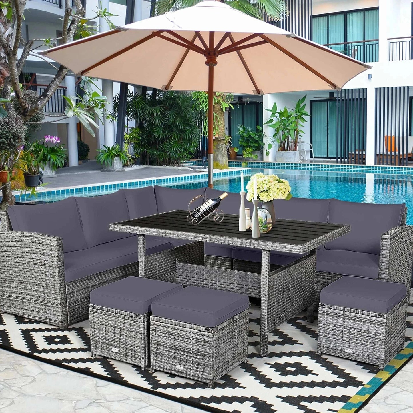 7 PCS Patio Rattan Dining Set with handwoven PE rattan, steel frame, removable cushions, and modular design near pool
